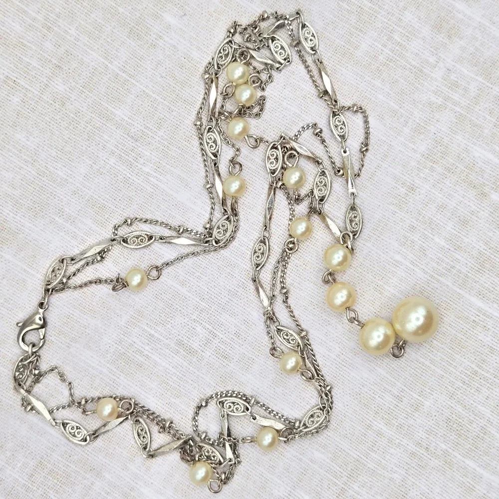 Vintage Style Silver Tone Multi Strand Glass Faux Pearl Y-Drop Filigree Necklace